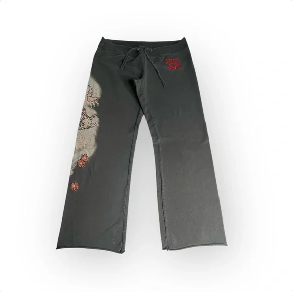 Vintage Y2K: Lucky 𓆝 Asian Koi Floral Embroidered Sweatpants 𓆝 Faded Black 𓆝 M